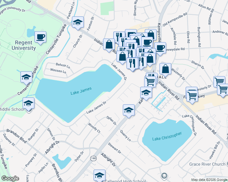 map of restaurants, bars, coffee shops, grocery stores, and more near 1373 Lake James Drive in Virginia Beach