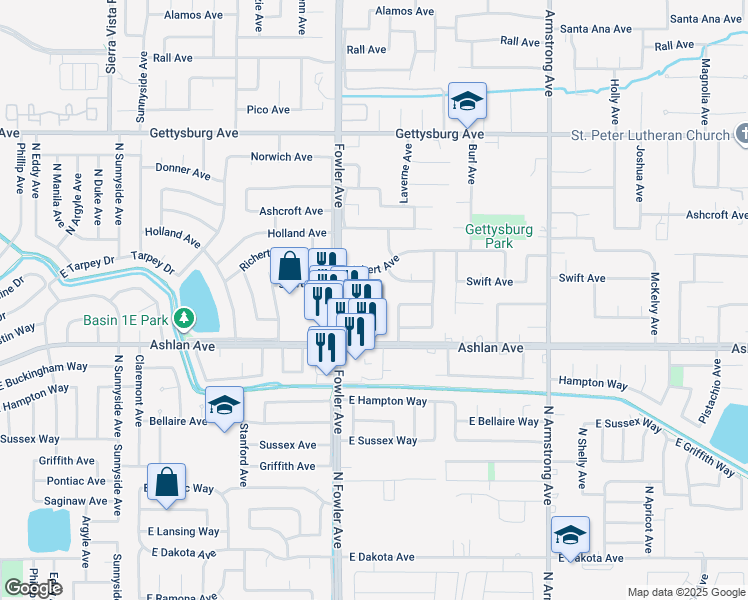 map of restaurants, bars, coffee shops, grocery stores, and more near 3140 Whittier Avenue in Clovis