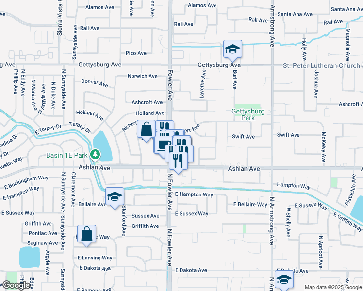 map of restaurants, bars, coffee shops, grocery stores, and more near 3140 Whittier Avenue in Clovis