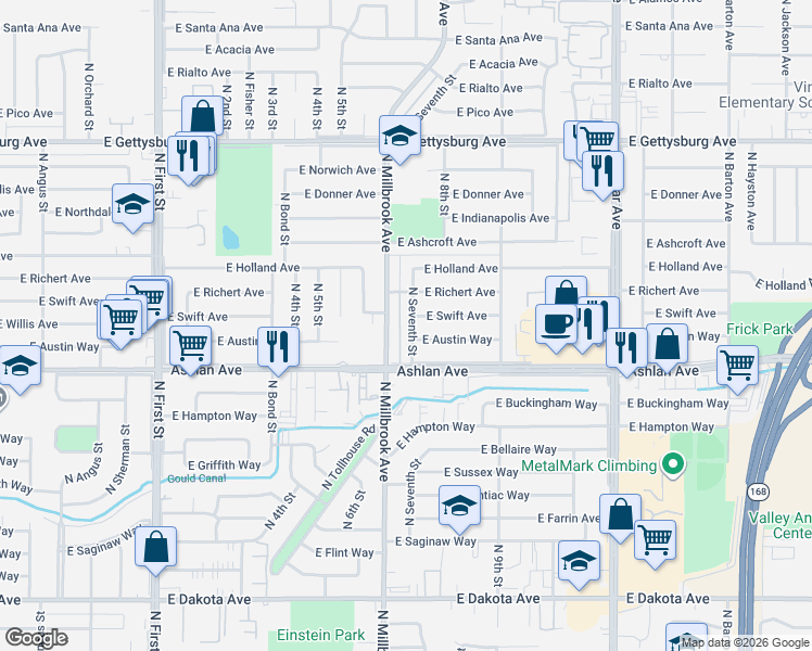 map of restaurants, bars, coffee shops, grocery stores, and more near 4244 North Millbrook Avenue in Fresno