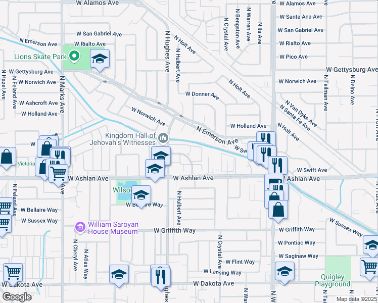map of restaurants, bars, coffee shops, grocery stores, and more near 4294 North Hughes Avenue in Fresno