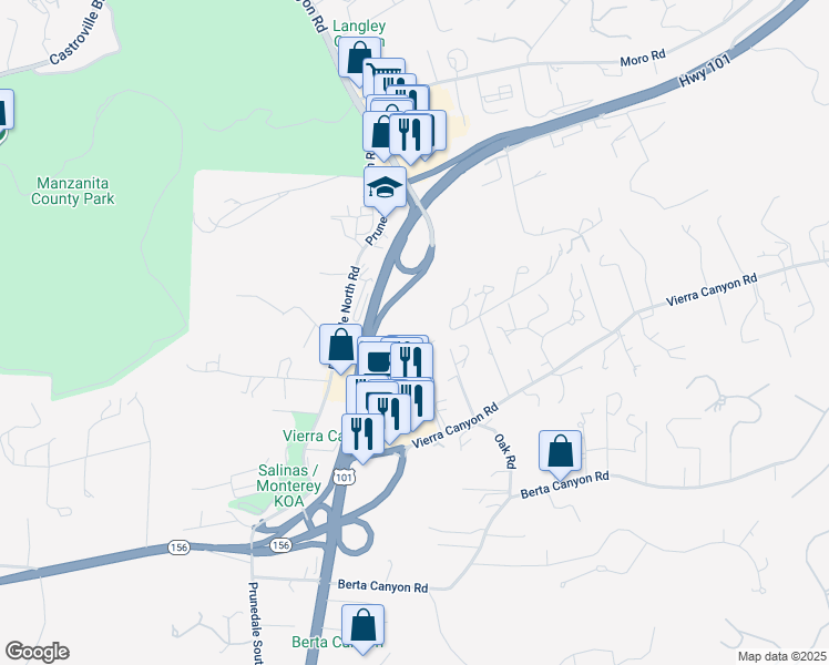 map of restaurants, bars, coffee shops, grocery stores, and more near 17663 Vierra Canyon Road in Salinas