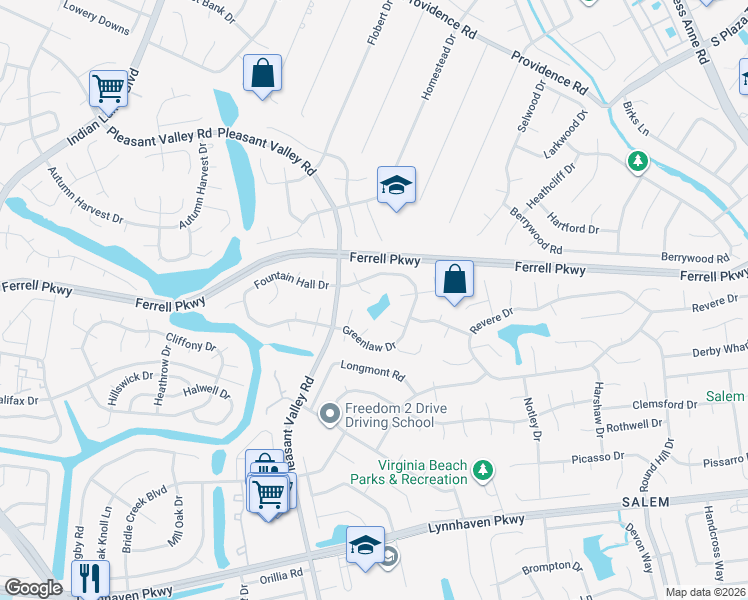 map of restaurants, bars, coffee shops, grocery stores, and more near 1410 Carabao Circle in Virginia Beach