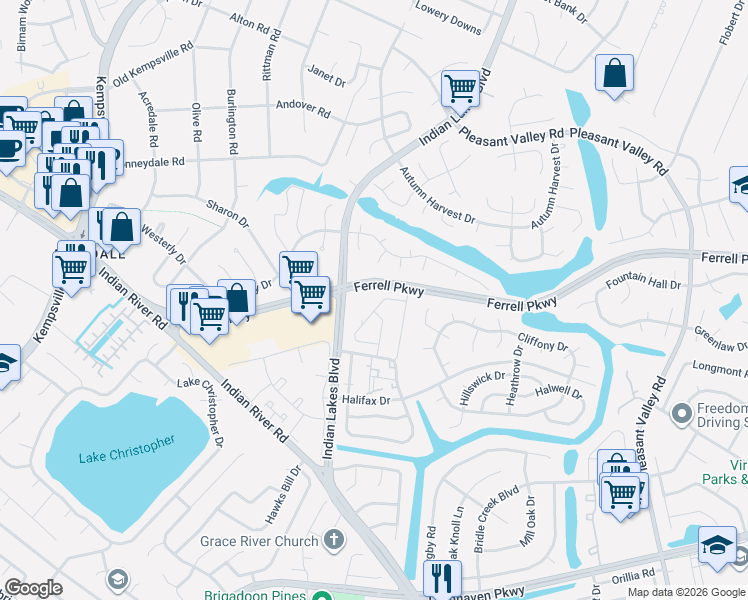 map of restaurants, bars, coffee shops, grocery stores, and more near 5256 Lake Victoria Arch in Virginia Beach