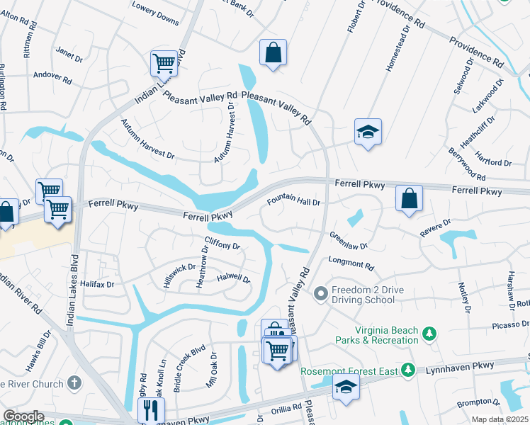 map of restaurants, bars, coffee shops, grocery stores, and more near 4913 Fountain Hall Drive in Virginia Beach