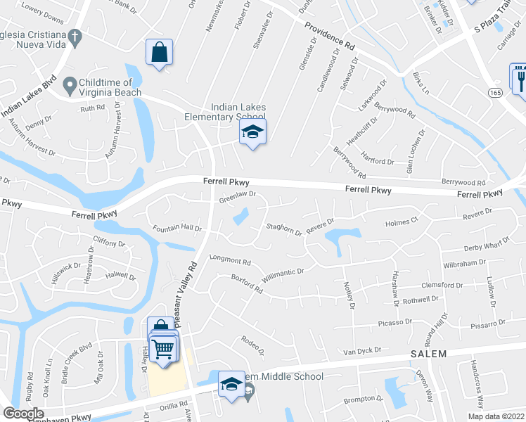 map of restaurants, bars, coffee shops, grocery stores, and more near 4695 Greenlaw Drive in Virginia Beach