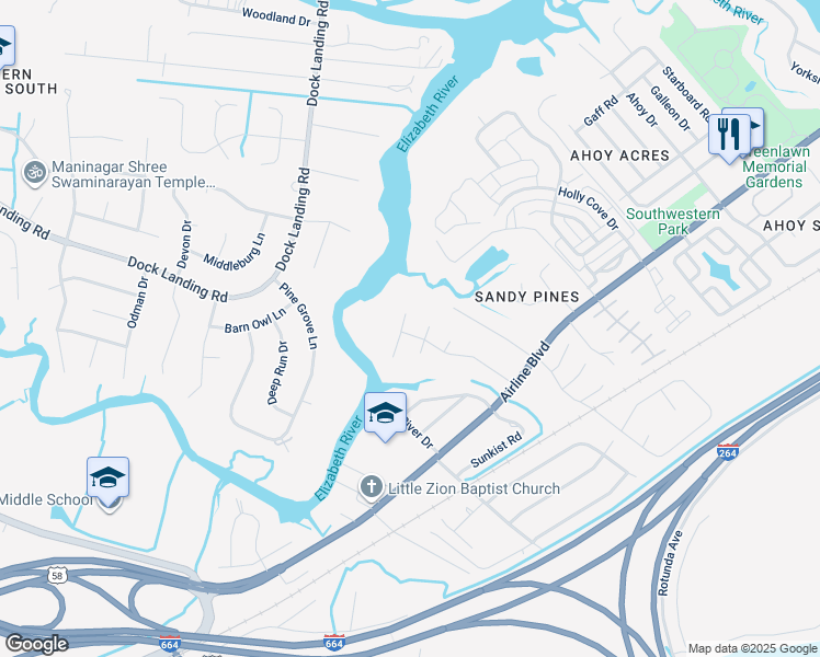 map of restaurants, bars, coffee shops, grocery stores, and more near 4213 Quailshire Court in Chesapeake
