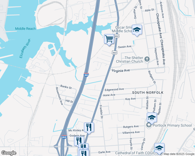 map of restaurants, bars, coffee shops, grocery stores, and more near 1016 Rowland Avenue in Chesapeake