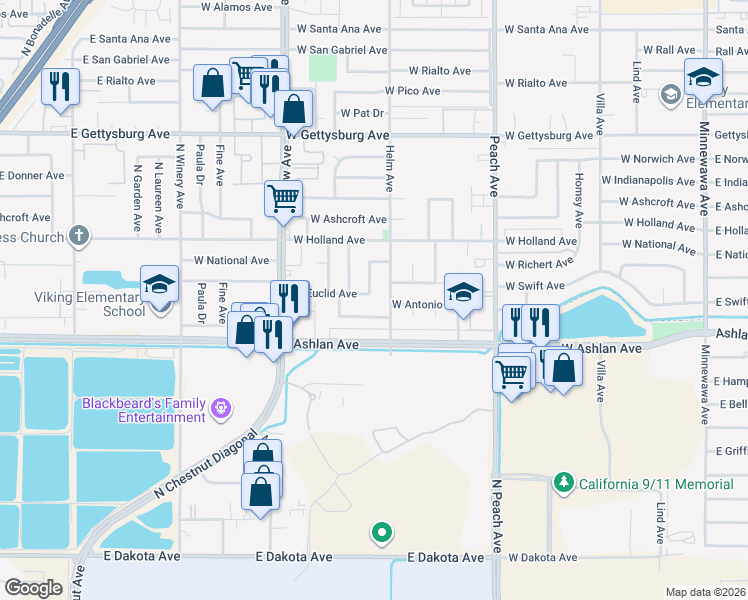 map of restaurants, bars, coffee shops, grocery stores, and more near 640 West Antonio Drive in Clovis