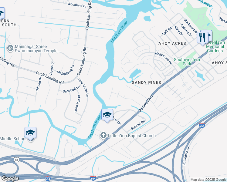 map of restaurants, bars, coffee shops, grocery stores, and more near 4213 Quailshire Court in Chesapeake