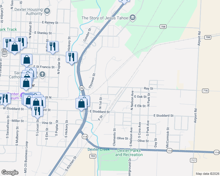 map of restaurants, bars, coffee shops, grocery stores, and more near 202 North 1st Street in Dexter