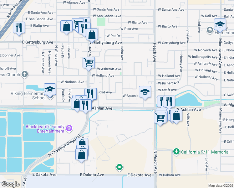 map of restaurants, bars, coffee shops, grocery stores, and more near 640 West Antonio Drive in Clovis