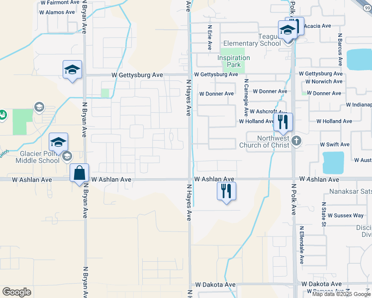 map of restaurants, bars, coffee shops, grocery stores, and more near 4133 North Bain Avenue in Fresno