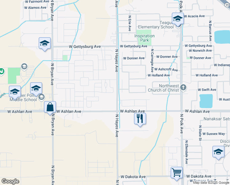 map of restaurants, bars, coffee shops, grocery stores, and more near 4133 North Bain Avenue in Fresno