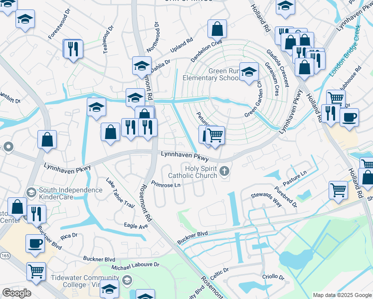 map of restaurants, bars, coffee shops, grocery stores, and more near 1437 Peartree Arch in Virginia Beach