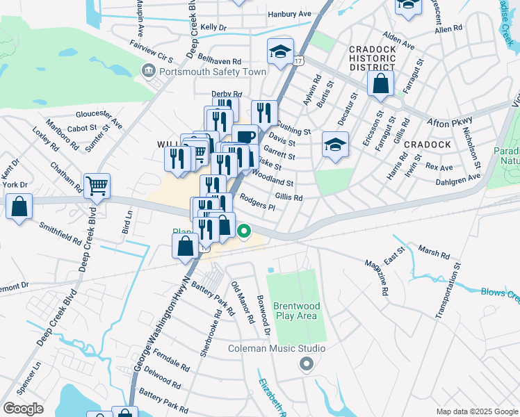 map of restaurants, bars, coffee shops, grocery stores, and more near 20 Rodgers Place in Portsmouth