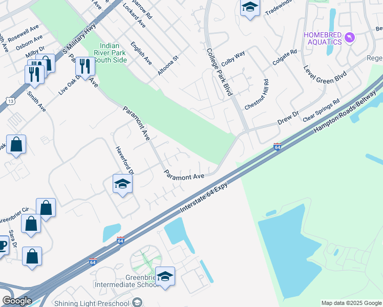 map of restaurants, bars, coffee shops, grocery stores, and more near 14 Keswick Circle in Chesapeake