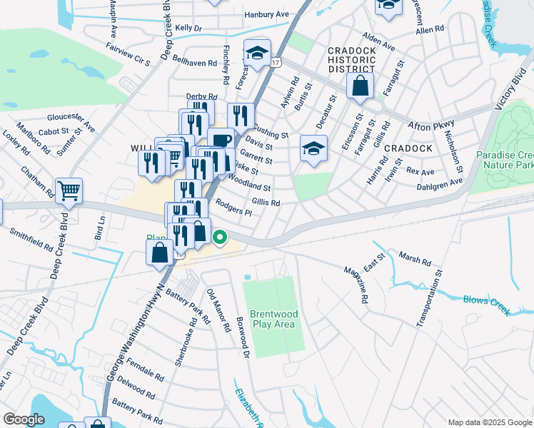 map of restaurants, bars, coffee shops, grocery stores, and more near 4 Stevens Place in Portsmouth