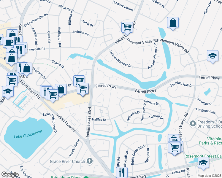 map of restaurants, bars, coffee shops, grocery stores, and more near 5200 Lake Victoria Arch in Virginia Beach