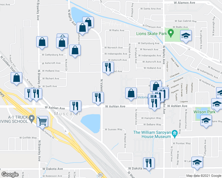 map of restaurants, bars, coffee shops, grocery stores, and more near 4120 North Valentine Avenue in Fresno