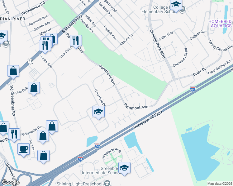 map of restaurants, bars, coffee shops, grocery stores, and more near 2101 Haverford Drive in Chesapeake