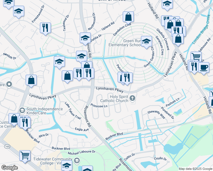 map of restaurants, bars, coffee shops, grocery stores, and more near 1437 Peartree Arch in Virginia Beach