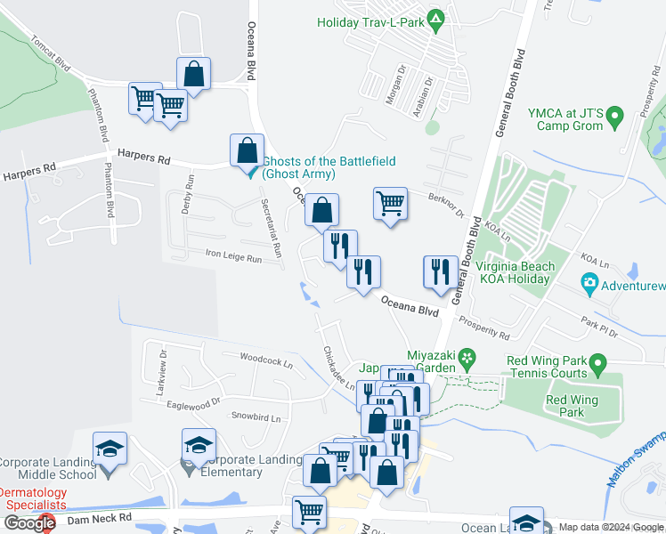 map of restaurants, bars, coffee shops, grocery stores, and more near 1208 Beacons Reach Court in Virginia Beach