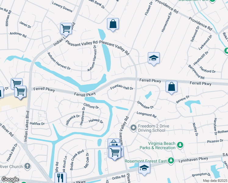 map of restaurants, bars, coffee shops, grocery stores, and more near 1313 Faraid Lane in Virginia Beach