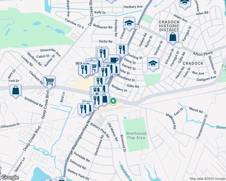 map of restaurants, bars, coffee shops, grocery stores, and more near 1932 Redgate Drive in Portsmouth