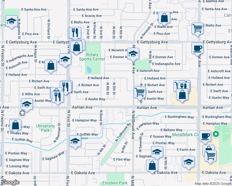 map of restaurants, bars, coffee shops, grocery stores, and more near 3474 East Austin Way in Fresno