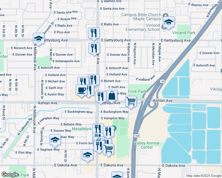 map of restaurants, bars, coffee shops, grocery stores, and more near 4328 East Austin Way in Fresno