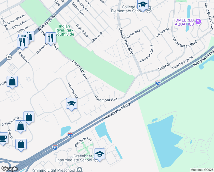 map of restaurants, bars, coffee shops, grocery stores, and more near 5 Glouchester Circle in Chesapeake