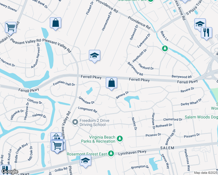 map of restaurants, bars, coffee shops, grocery stores, and more near 1405 Suffield Circle in Virginia Beach