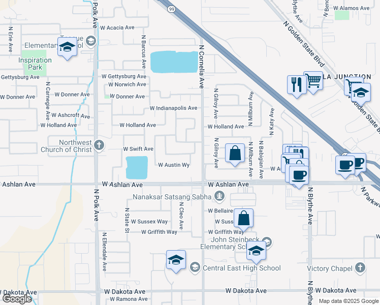 map of restaurants, bars, coffee shops, grocery stores, and more near 5050 West Willis Avenue in Fresno