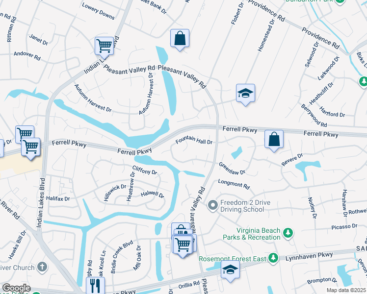 map of restaurants, bars, coffee shops, grocery stores, and more near 1317 Faraid Lane in Virginia Beach