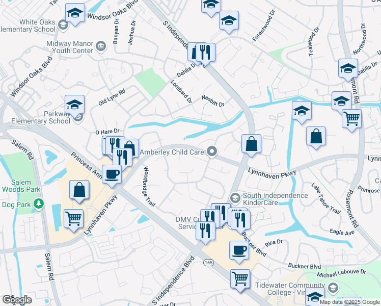 map of restaurants, bars, coffee shops, grocery stores, and more near 3824 Hearthside Lane in Virginia Beach