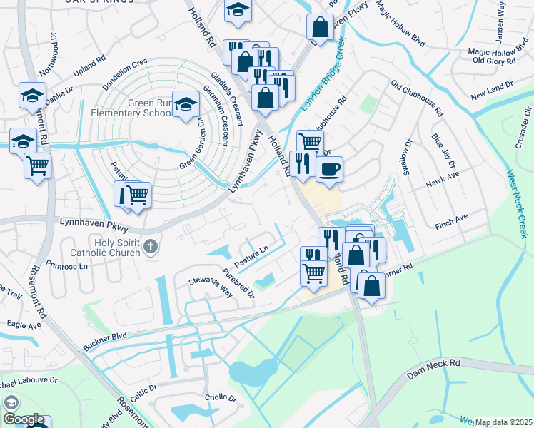 map of restaurants, bars, coffee shops, grocery stores, and more near 3424 Stirrup Way in Virginia Beach