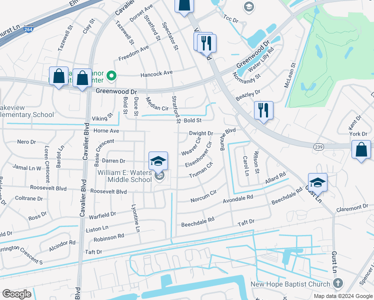 map of restaurants, bars, coffee shops, grocery stores, and more near 512 Weaver Circle in Portsmouth