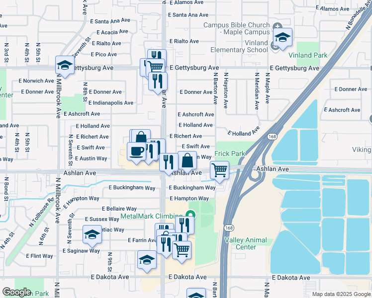 map of restaurants, bars, coffee shops, grocery stores, and more near 4328 East Austin Way in Fresno
