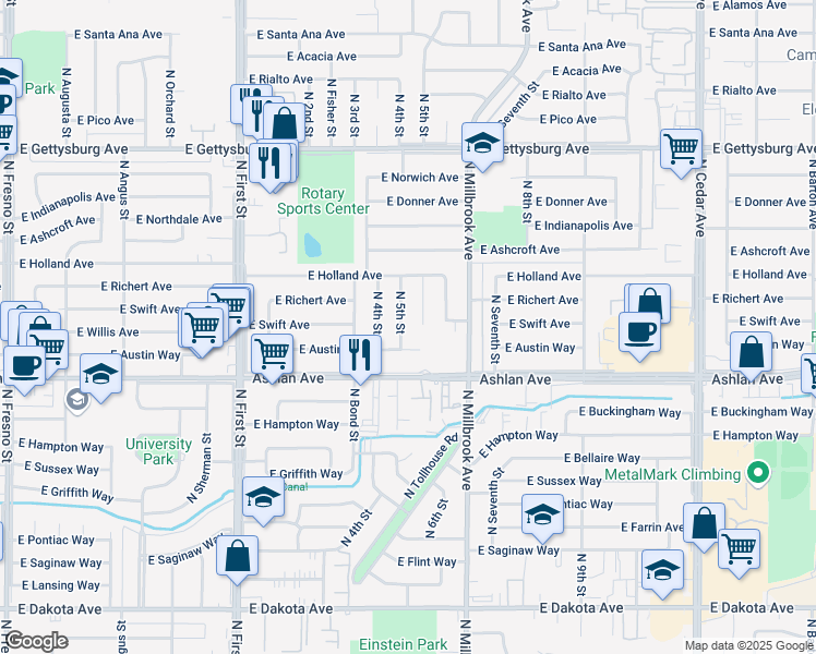 map of restaurants, bars, coffee shops, grocery stores, and more near 3474 East Austin Way in Fresno