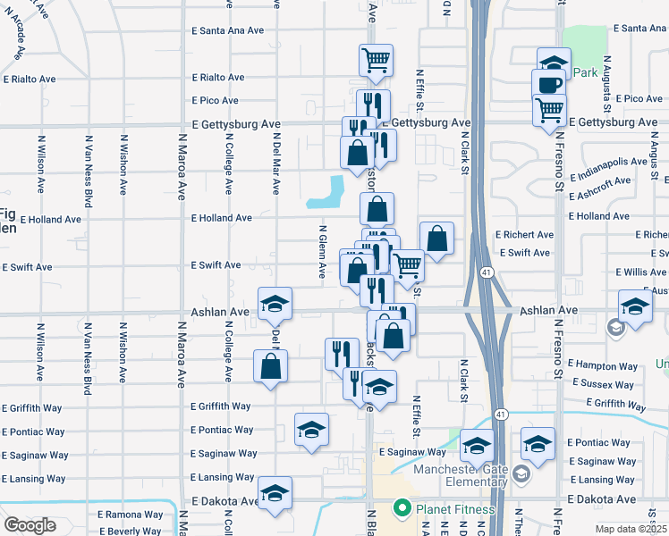 map of restaurants, bars, coffee shops, grocery stores, and more near 4245 North Blackstone Avenue in Fresno