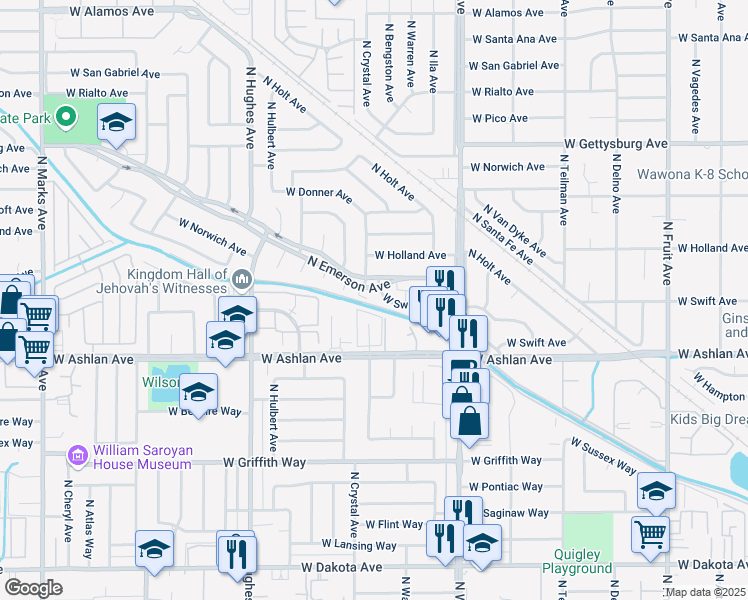map of restaurants, bars, coffee shops, grocery stores, and more near 4263 North Bengston Avenue in Fresno