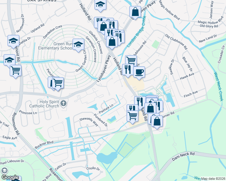 map of restaurants, bars, coffee shops, grocery stores, and more near 3424 Stirrup Way in Virginia Beach