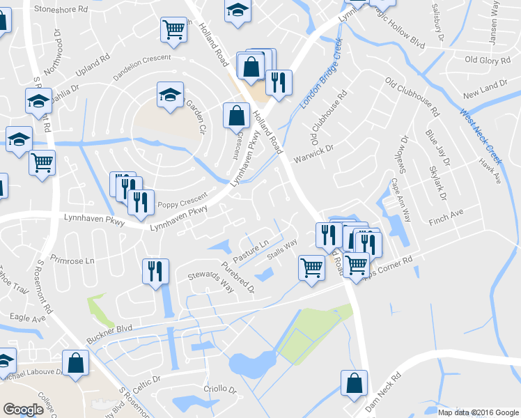 map of restaurants, bars, coffee shops, grocery stores, and more near 3424 Stirrup Way in Virginia Beach