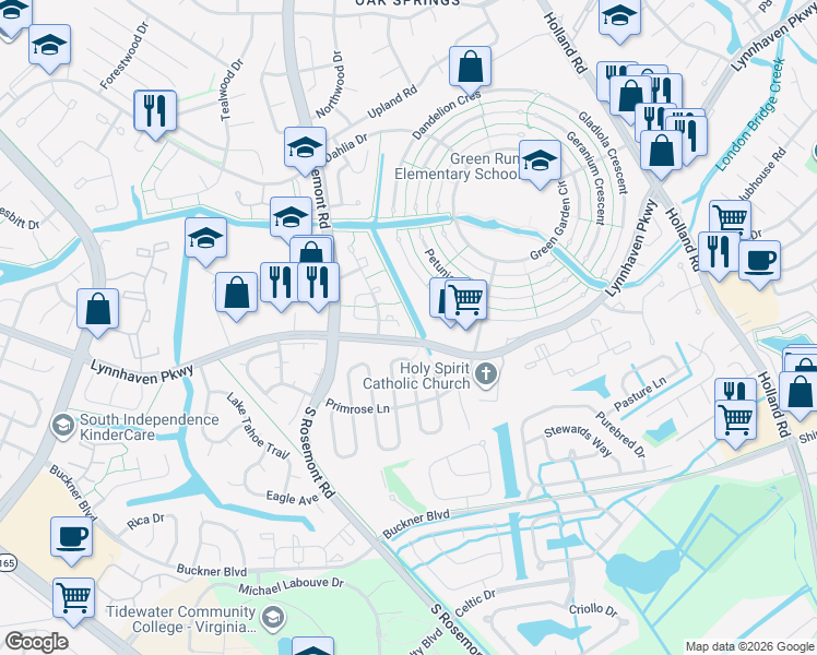 map of restaurants, bars, coffee shops, grocery stores, and more near 1424 Planting Court in Virginia Beach