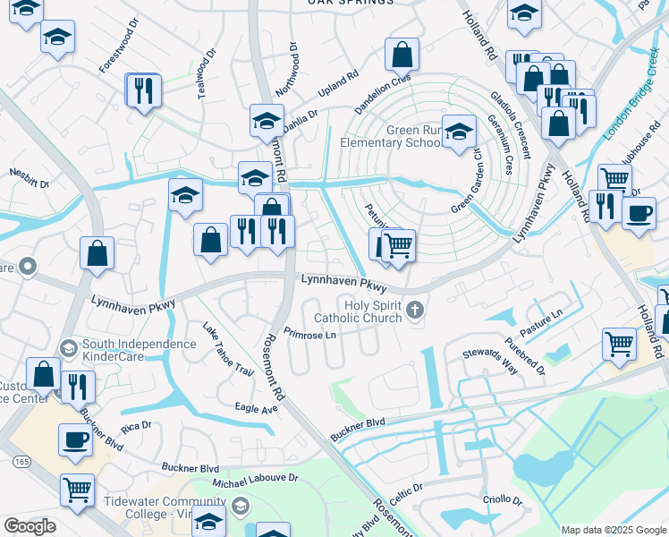 map of restaurants, bars, coffee shops, grocery stores, and more near 1437 Peartree Arch in Virginia Beach