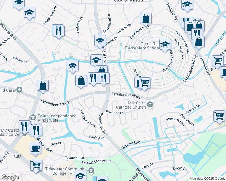 map of restaurants, bars, coffee shops, grocery stores, and more near 1496 Lynnhaven Parkway in Virginia Beach