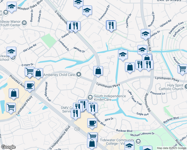 map of restaurants, bars, coffee shops, grocery stores, and more near 1996 South Independence Boulevard in Virginia Beach