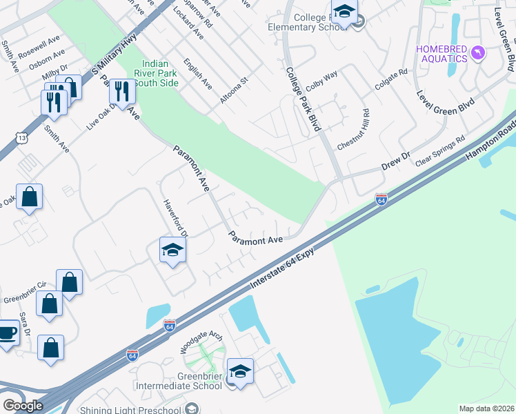 map of restaurants, bars, coffee shops, grocery stores, and more near 5 Glouchester Circle in Chesapeake