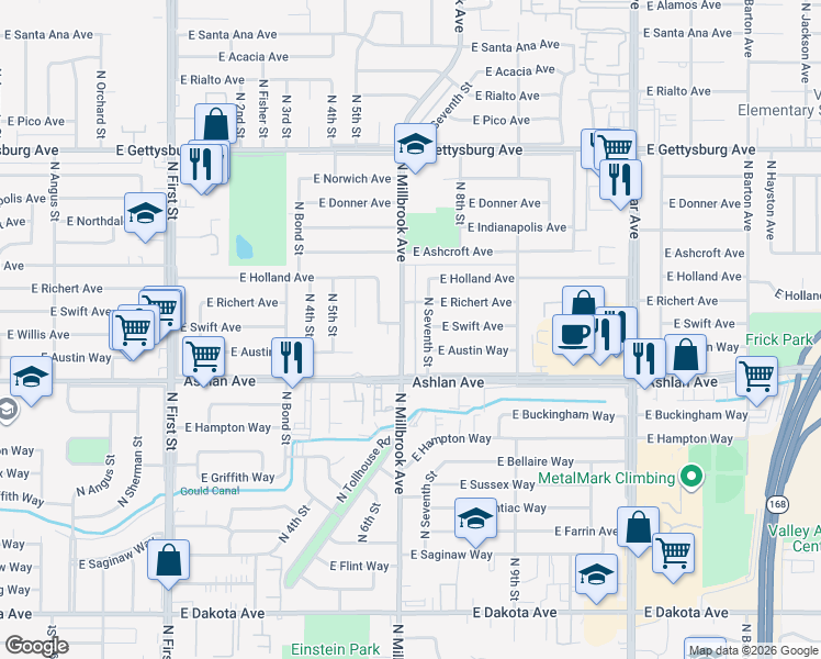 map of restaurants, bars, coffee shops, grocery stores, and more near 4244 North Millbrook Avenue in Fresno
